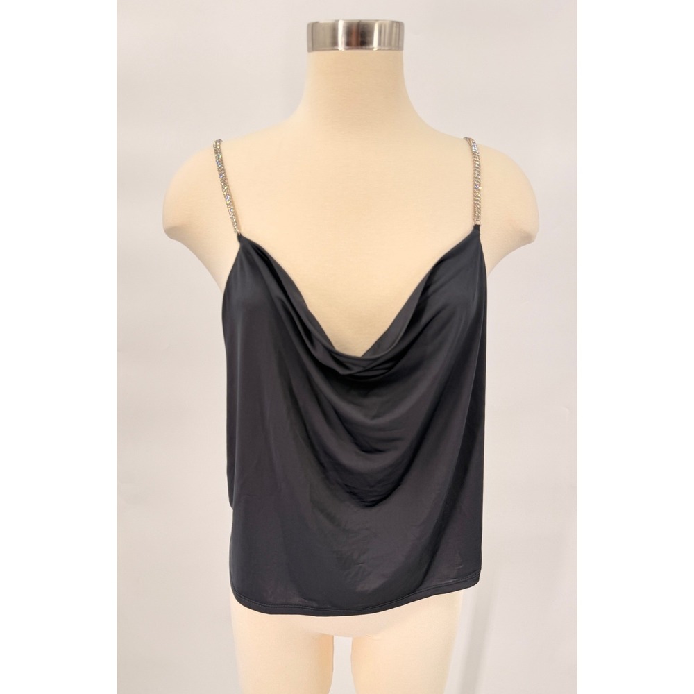 Derek Heart Cowl Neck Cami Women 1X Black Rhinestone Strap Open Back Party Top